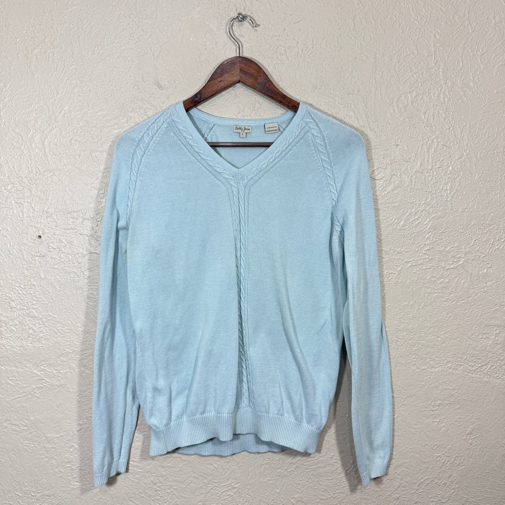 Vtg Bobby Jones Cable Knit Sweater L Pastel Sky‎ Blue Preppy Coastal 100% Cotton